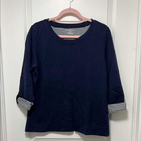 Navy Blue Women's Top with Striped Cuffs - Picture 1 of 5